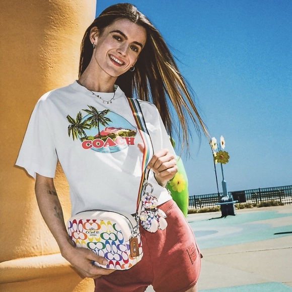 NWOT Coach Jamie Leather Camera Bag Rainbow Signature Canvas Silver/Chalk Multi - Picture 12 of 15